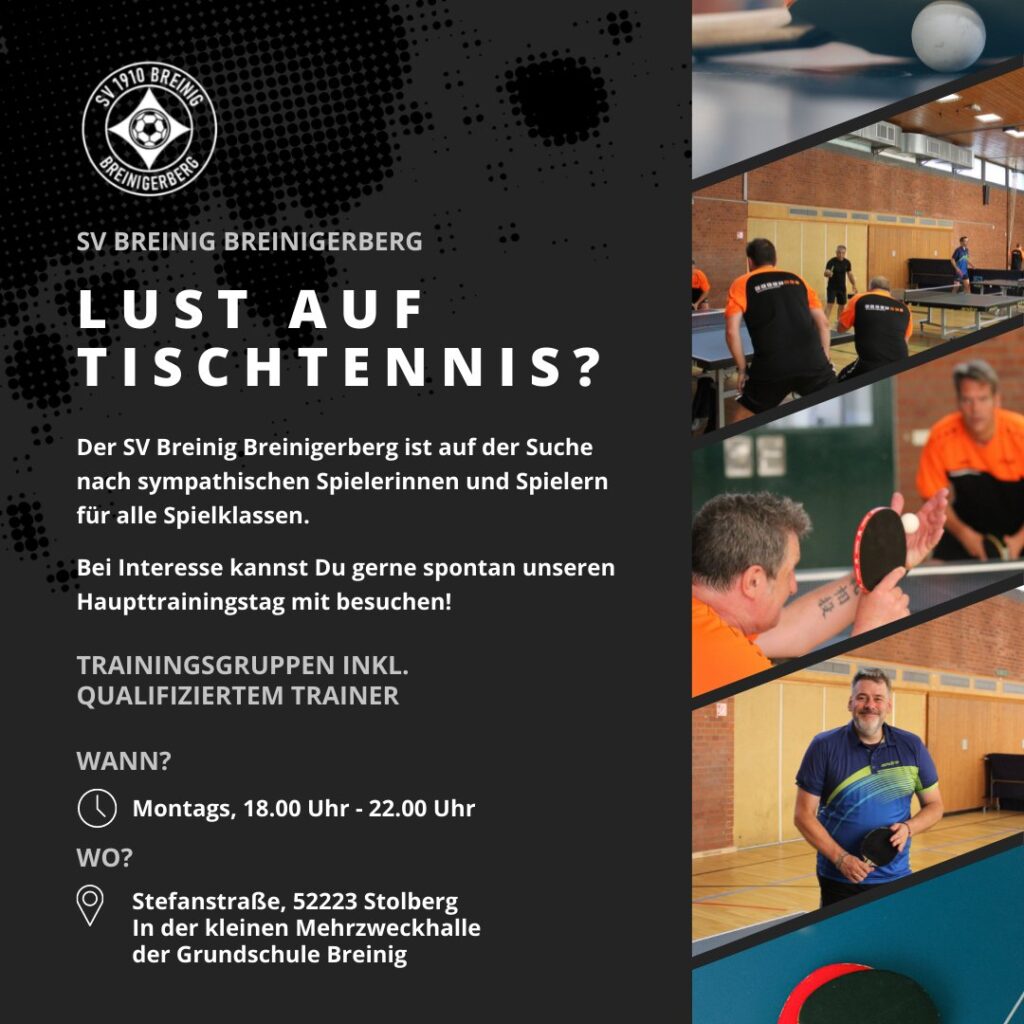 Das Foto zeigt eine Tischtennistrainingseinheit des SV Breinig Breinigberg. Es gibt mehrere Bilder, die Spieler in Aktion zeigen, während sie Tischtennis spielen. Auf der linken Seite des Bildes ist eine Szene zu sehen, in der ein Spieler mit einem Tischtennisschläger einen Ball zurückschlägt. In der Mitte und rechts sieht man weitere Spieler, die konzentriert beim Training sind, während sie Bälle hin und her schlagen. Alle Spieler tragen orangefarbene Trikots mit dem Vereinslogo, was auf den SV Breinig Breinigberg hinweist. Die Trainingshalle hat eine hohe Decke und eine einfache, gut beleuchtete Einrichtung. Es wirkt eine freundliche und engagierte Atmosphäre, die auf die Trainingsgemeinschaft des Vereins hinweist.